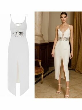 DAVID KOMA White Mirror Lace-Up Midi Dress US 8 Bridal Formal NWT ⚪️
